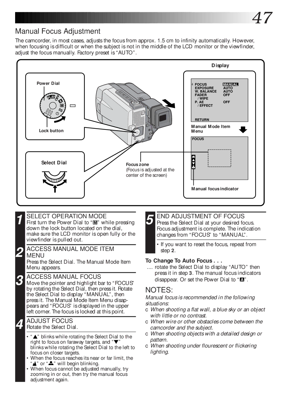 JVC GR-DLS1 manual Manual Focus Adjustment, Access Manual Focus, Adjust Focus, To Change To Auto Focus 