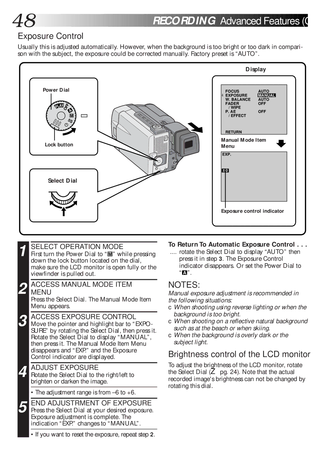 JVC GR-DLS1 manual Exposure Control, Brightness control of the LCD monitor, Adjust Exposure 