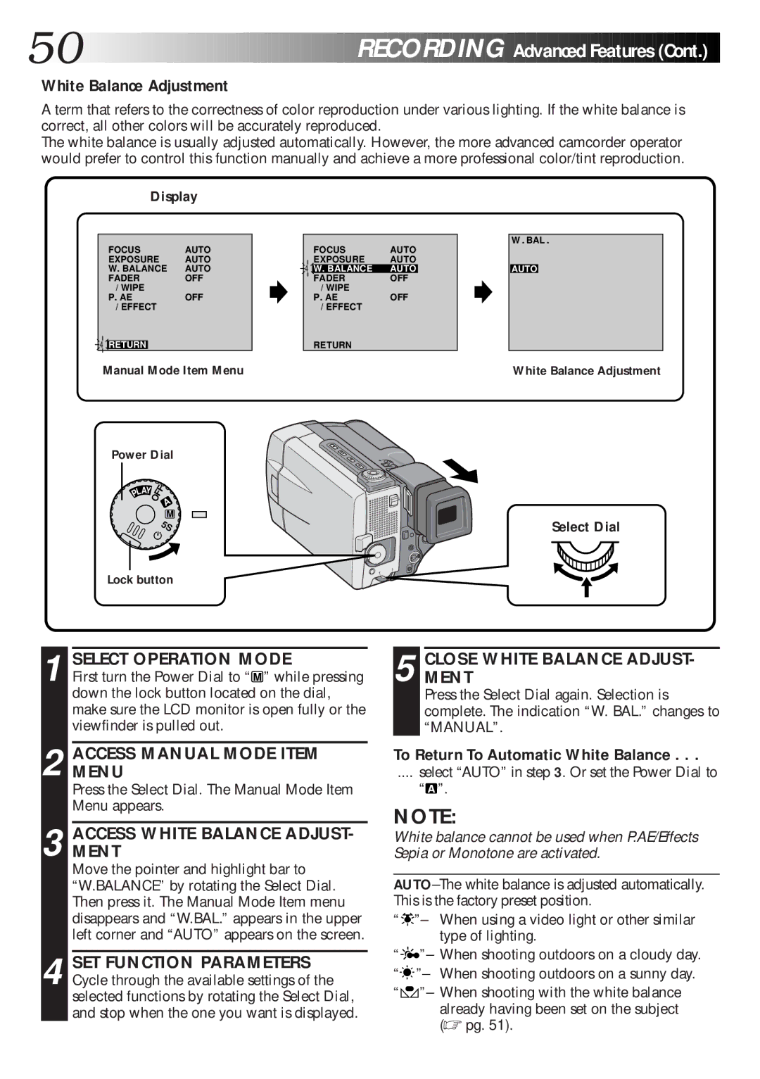 JVC GR-DLS1 manual 50 EN, White Balance Adjustment, Accessment White Balance Adjust, Closement White Balance Adjust 