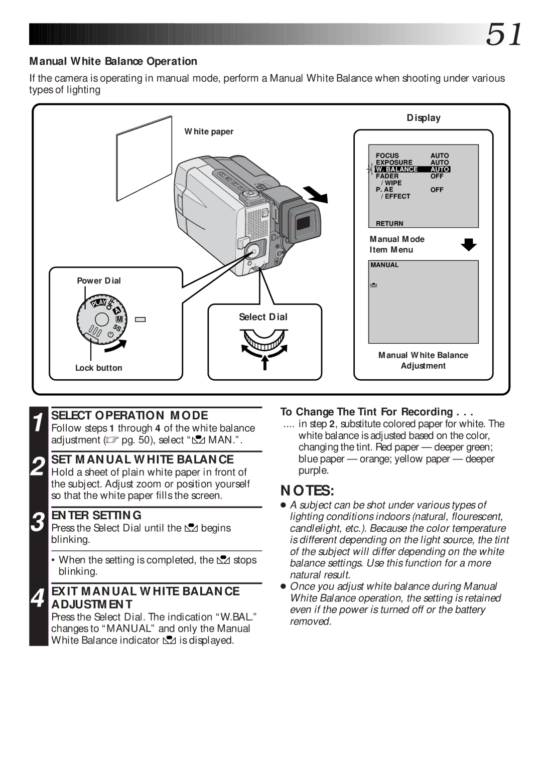 JVC GR-DLS1 manual Manual White Balance Operation, Enter Setting, Exit Manual White Balance Adjustment 