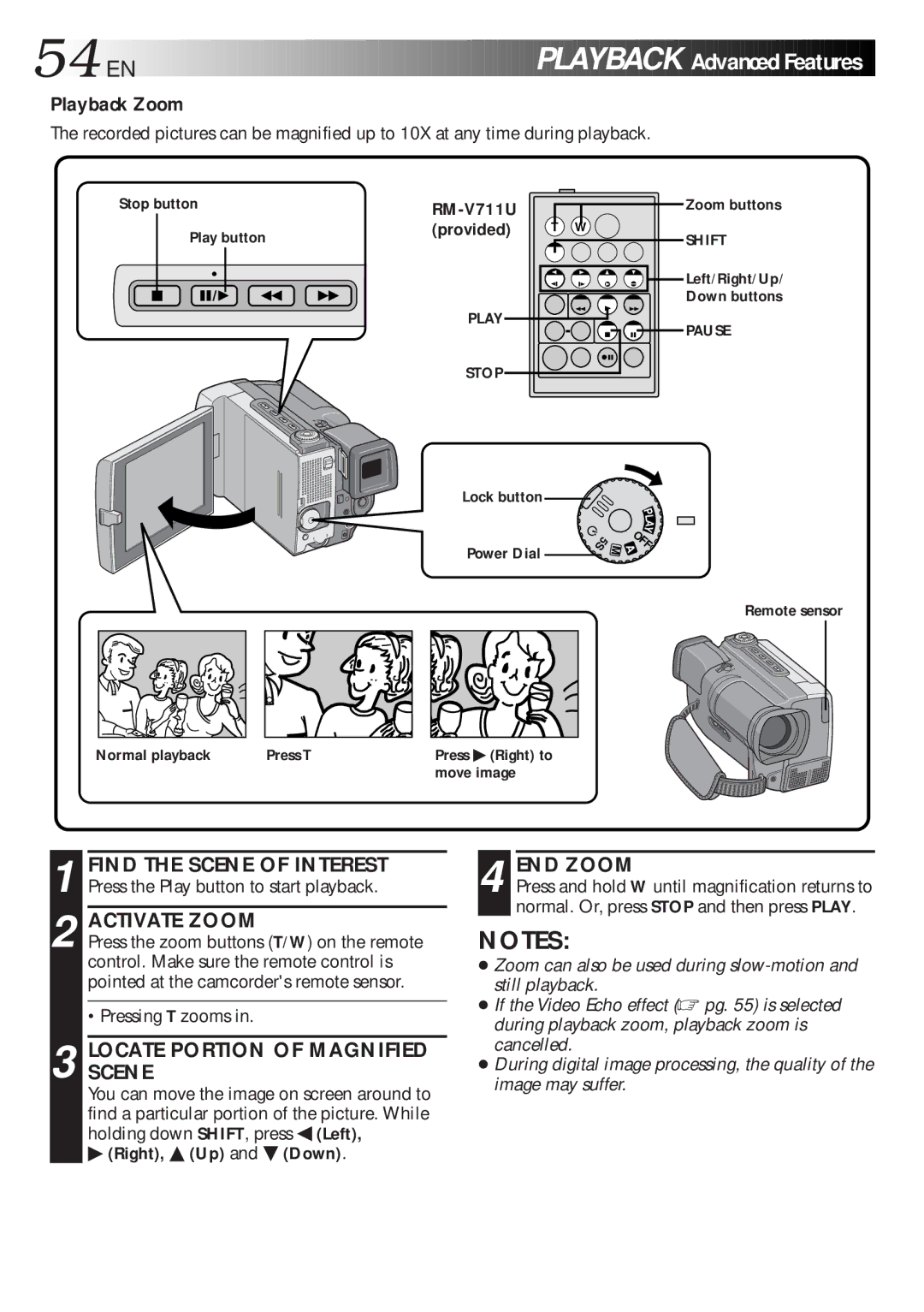 JVC GR-DLS1 manual 54 EN, Playback Zoom, Activate Zoom, Locatescene Portion of Magnified, END Zoom 