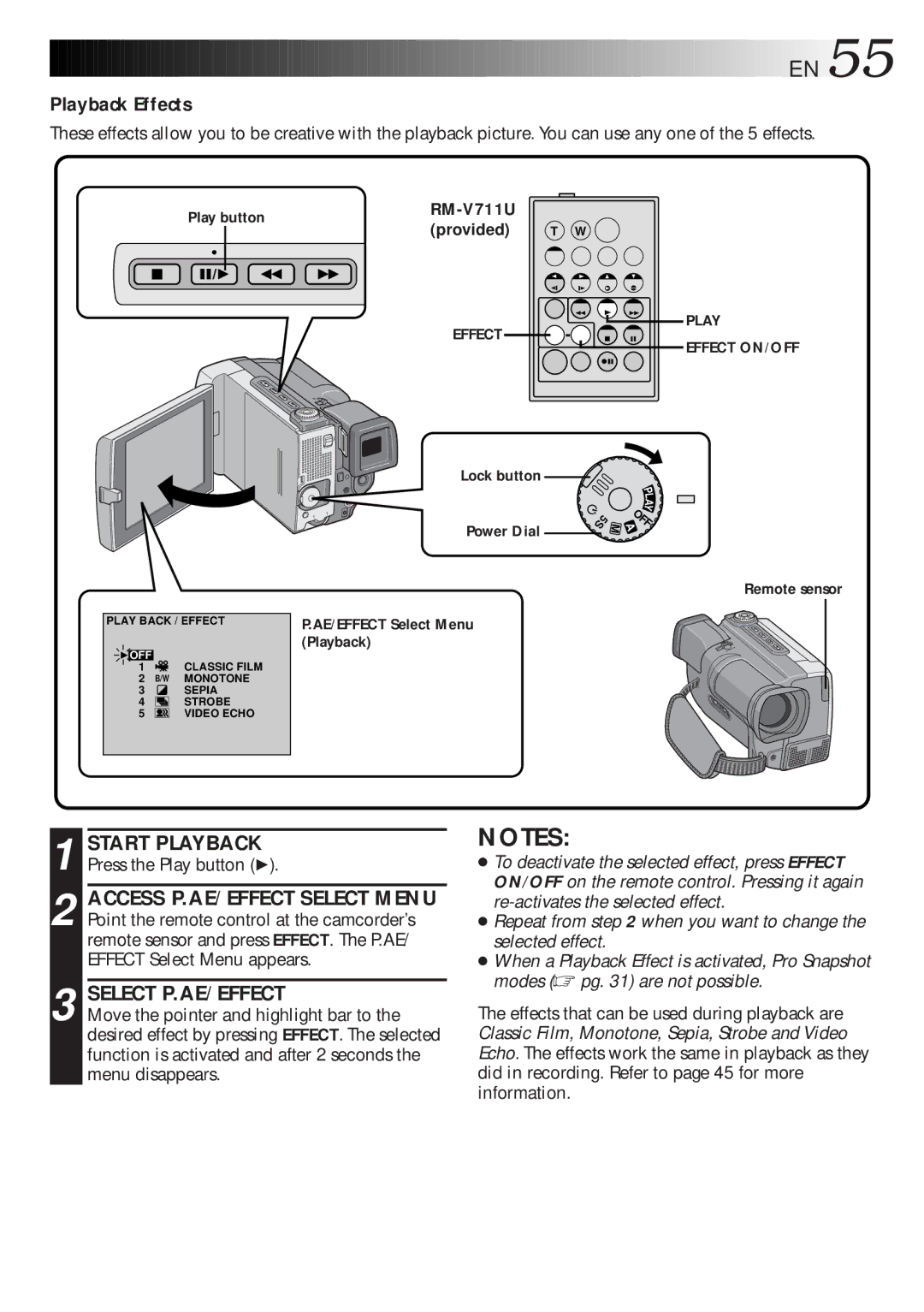 JVC GR-DLS1 manual Playback Effects, Select P.AE/EFFECT, RM-V711U Provided 