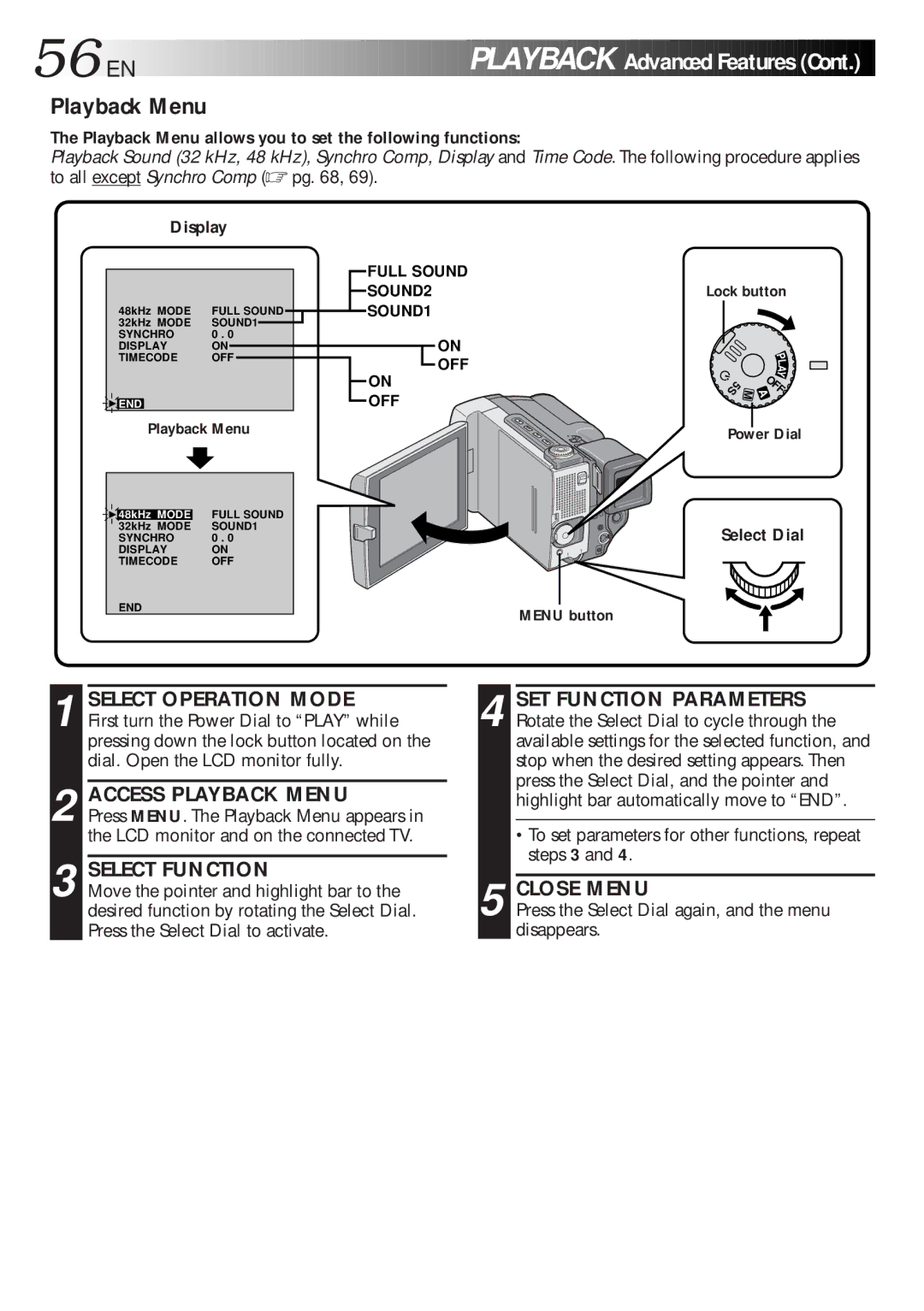 JVC GR-DLS1 EN Playback, Access Playback Menu, Close Menu, Playback Menu allows you to set the following functions 