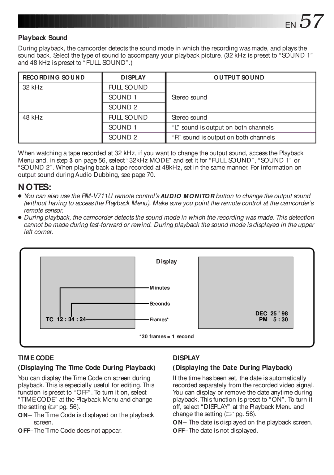 JVC GR-DLS1 manual Playback Sound, Displaying the Date During Playback, Displaying The Time Code During Playback 