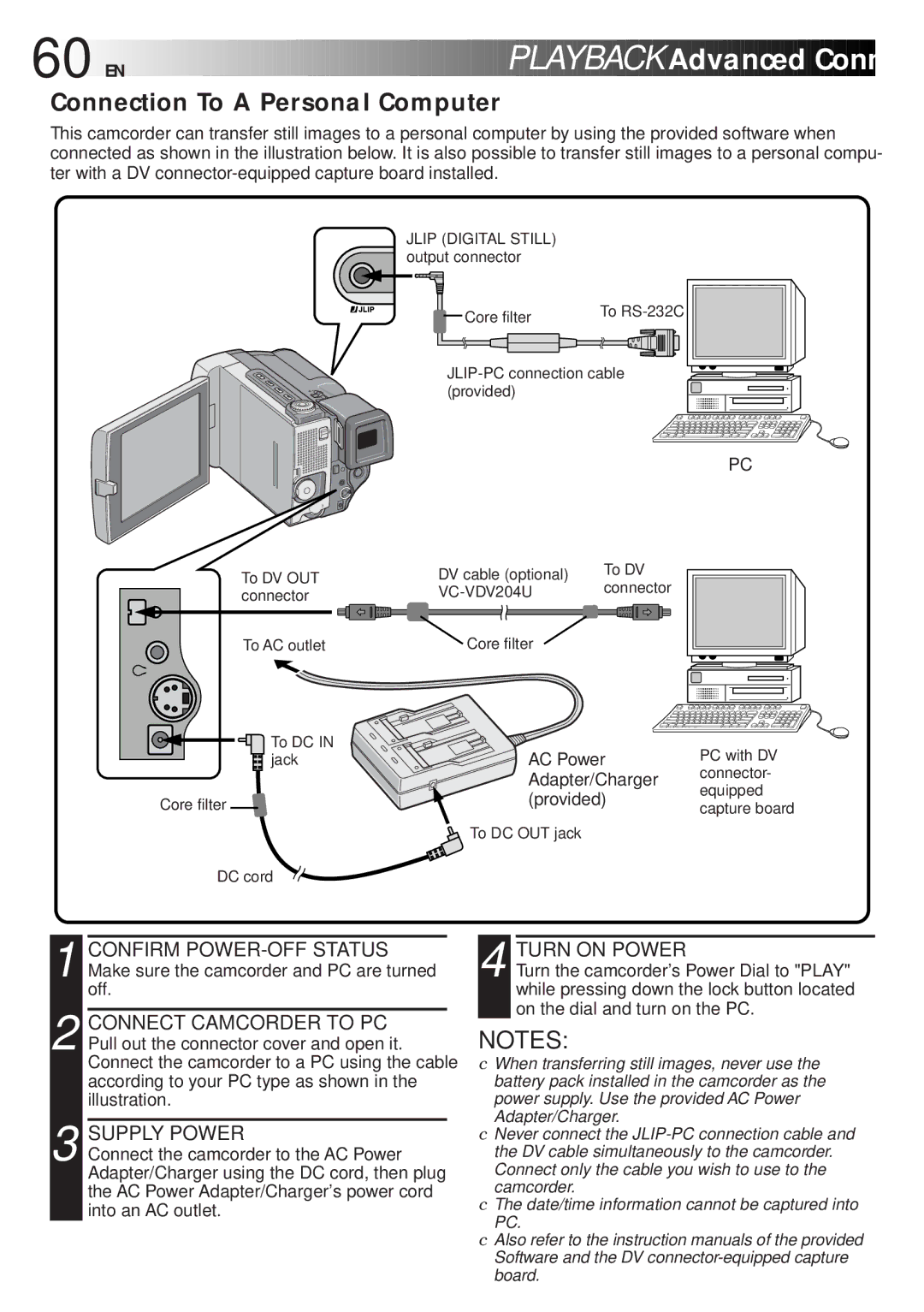 JVC GR-DLS1 manual Connection To a Personal Computer, Supply Power 