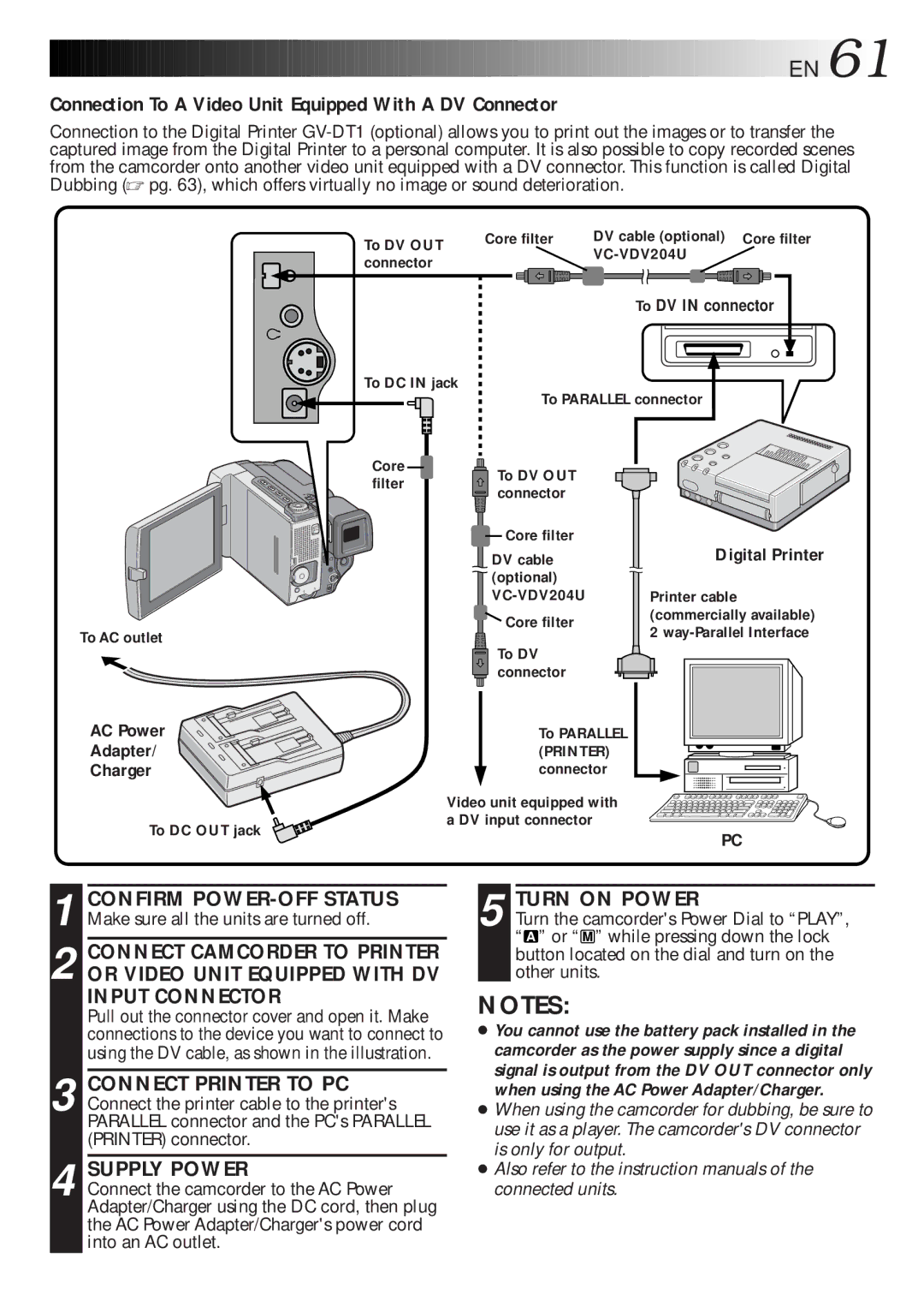 JVC GR-DLS1 manual Connection To a Video Unit Equipped With a DV Connector, AC Power Adapter Charger, To DV in connector 