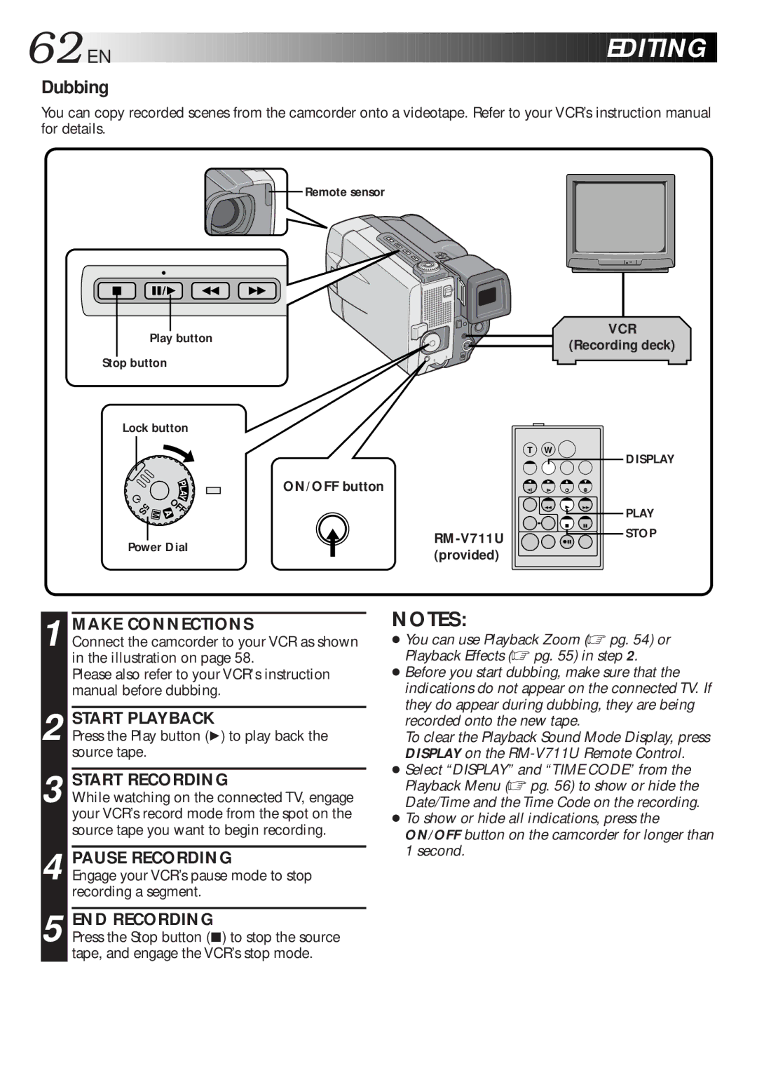 JVC GR-DLS1 manual 62 EN, Dubbing, Make Connections, Start Playback, Pause Recording 