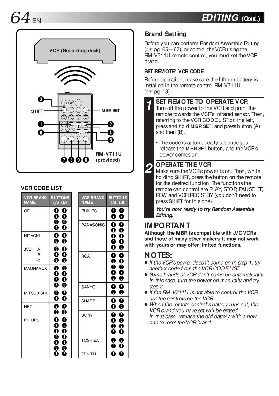 JVC GR-DLS1 manual 64 EN, Brand Setting, Operate the VCR, RM-V711U 7 8 9 ` provided 