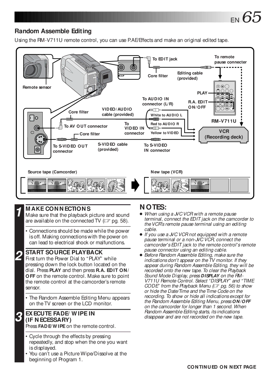 JVC GR-DLS1 manual Random Assemble Editing, Execute FADE/WIPE in if Necessary 