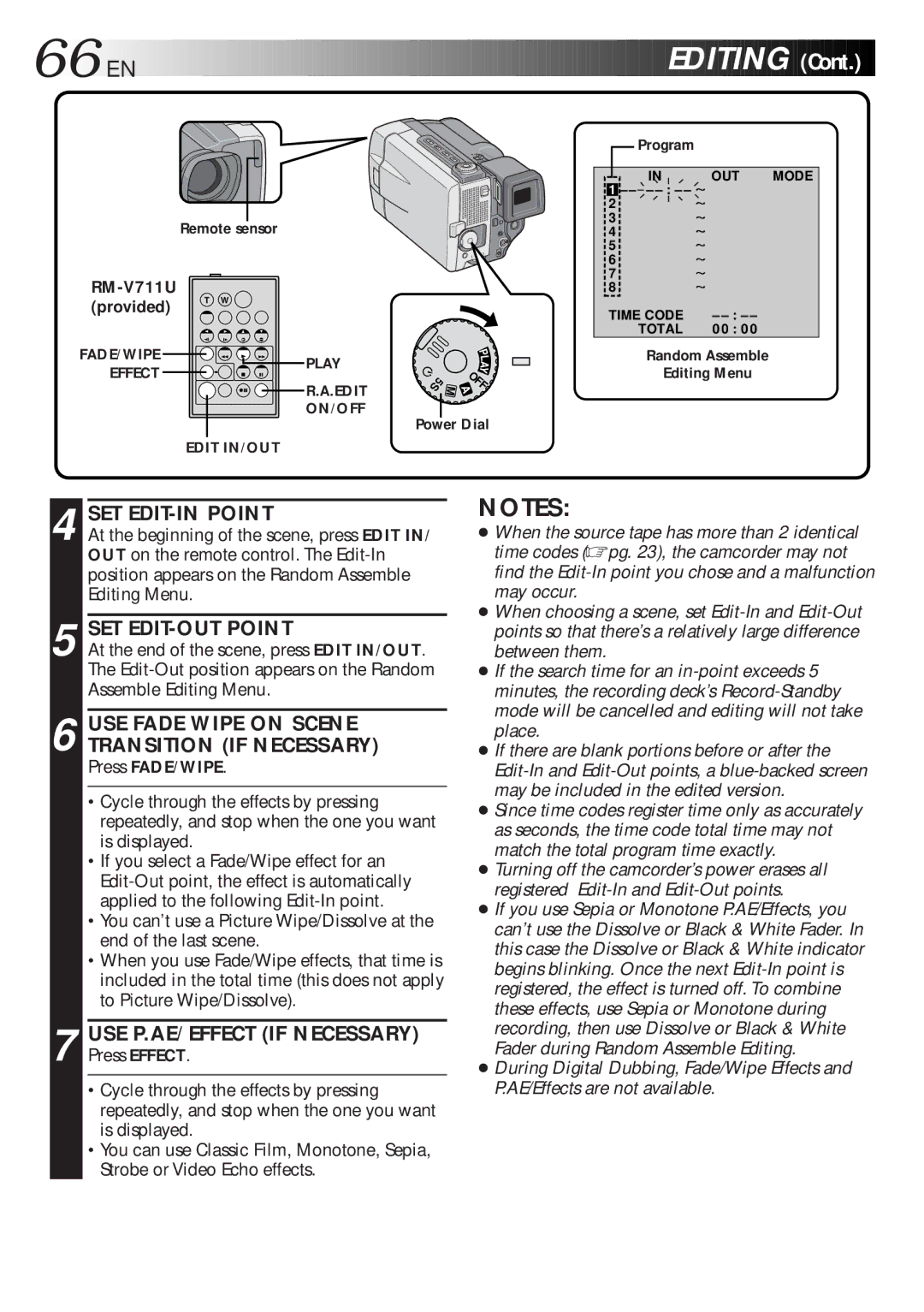 JVC GR-DLS1 manual 66 EN, SET EDIT-IN Point, SET EDIT-OUT Point, USE Fade Wipe on Scene Transition if Necessary 