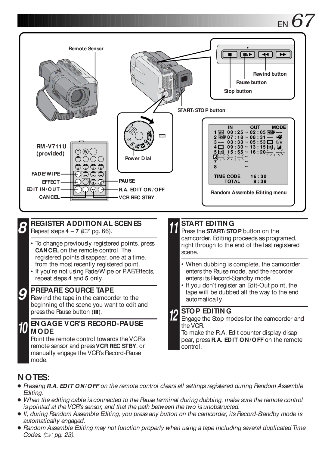 JVC GR-DLS1 manual Engagemode Vcrs RECORD-PAUSE, Start Editing, Stop Editing 