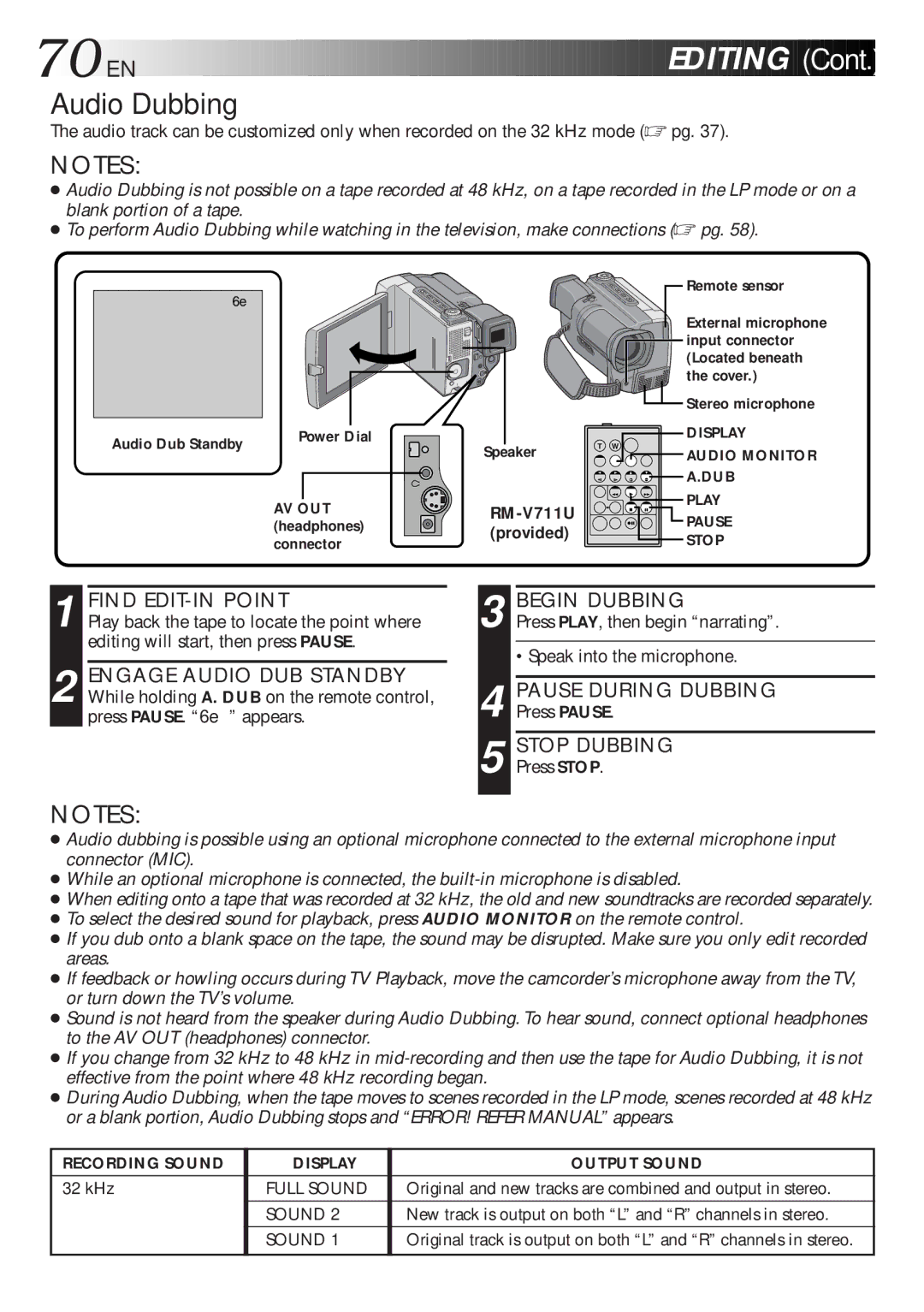 JVC GR-DLS1 manual 70 EN, Audio Dubbing 