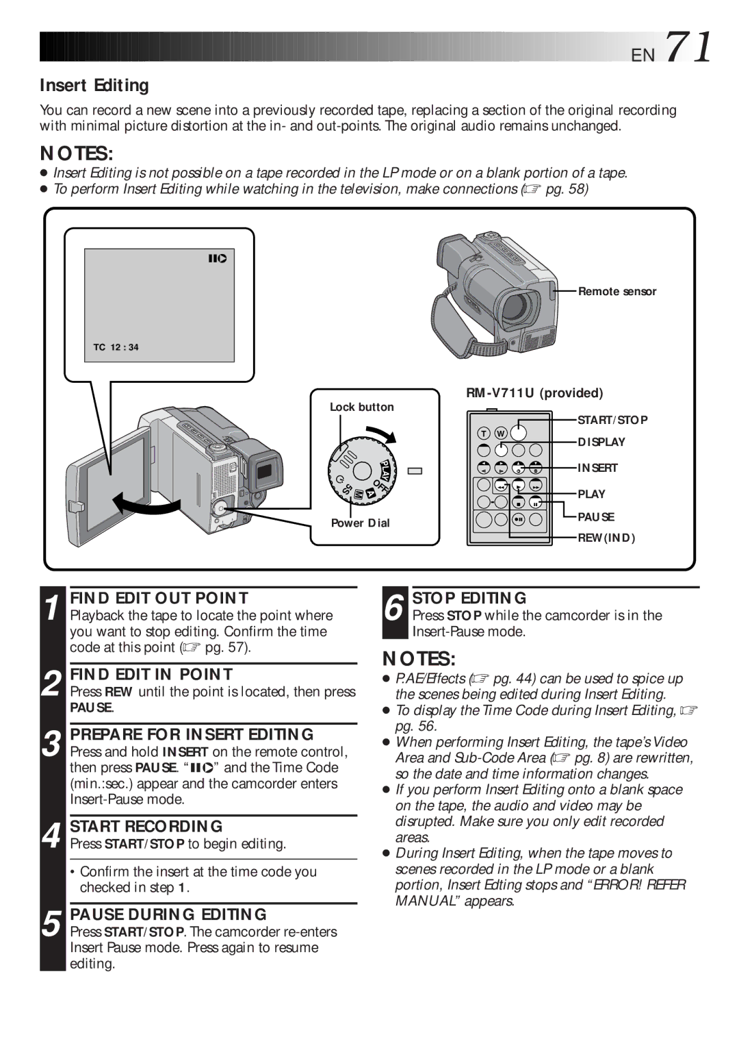 JVC GR-DLS1 manual Insert Editing, Find Edit OUT Point, Find Edit in Point, Pause During Editing 