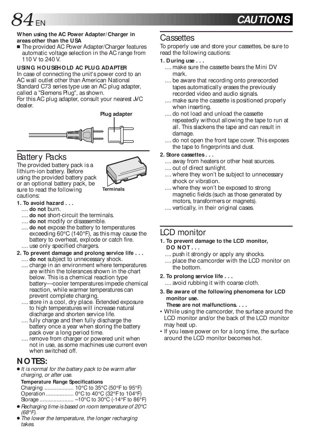 JVC GR-DLS1 manual Plug adapter, To avoid hazard, During use, Store cassettes, To prevent damage to the LCD monitor, do not 