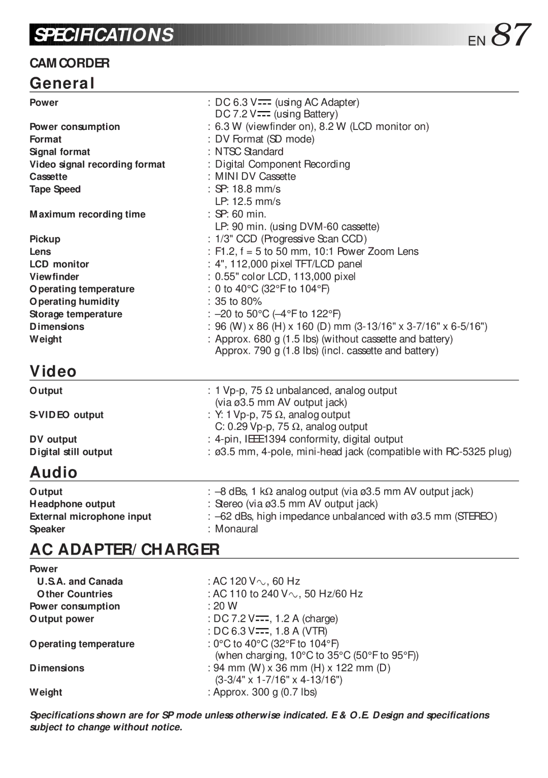 JVC GR-DLS1 Power consumption, Format, Signal format, Video signal recording format, Cassette, Tape Speed, Pickup 