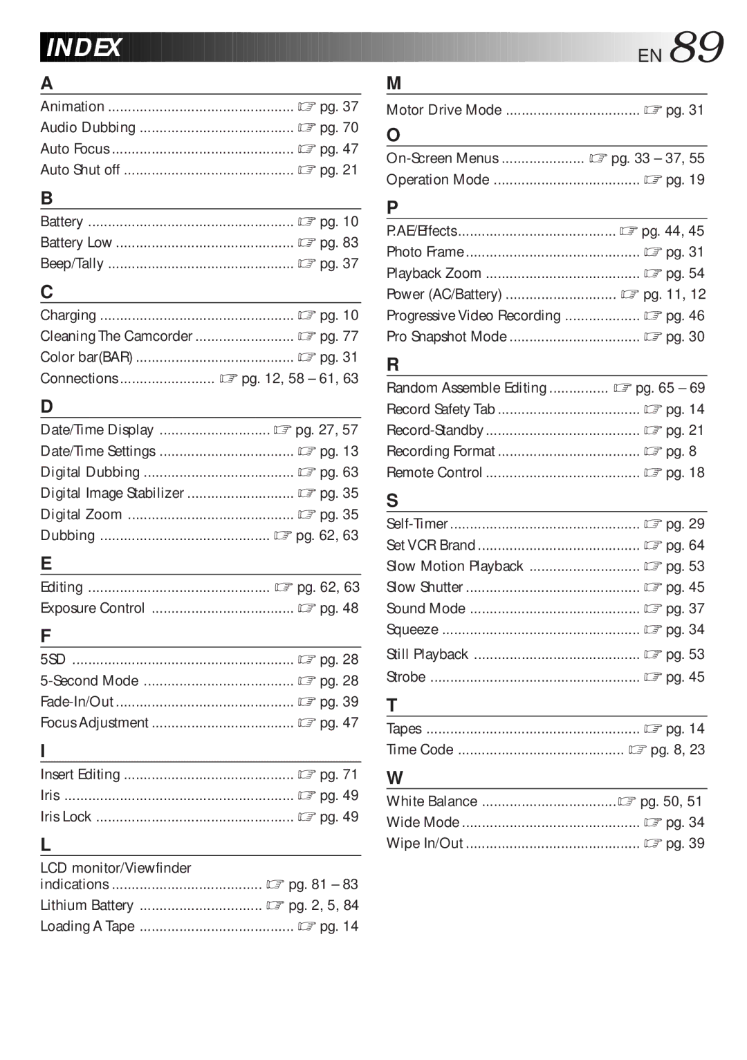 JVC GR-DLS1 manual Index 