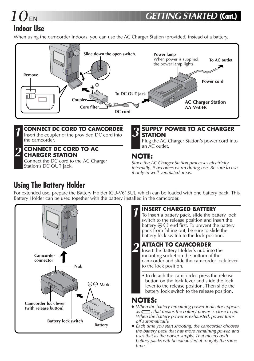 JVC GR DV 3 specifications Indoor Use, Using The Battery Holder, Connect DC Cord to AC Charger Station 