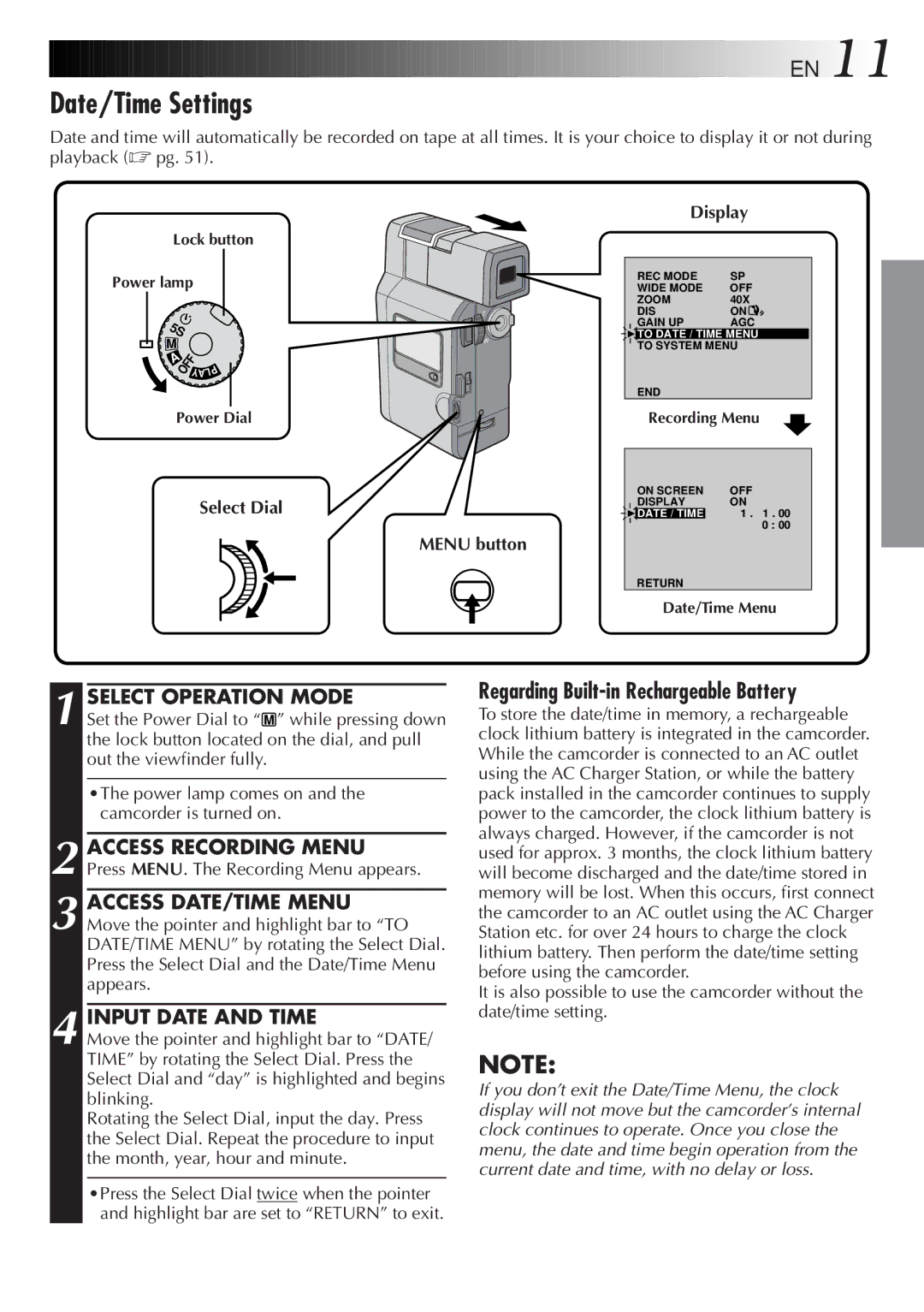 JVC GR DV 3 specifications Date/Time Settings, Select Operation Mode, Input Date and Time, Select Dial Menu button Display 