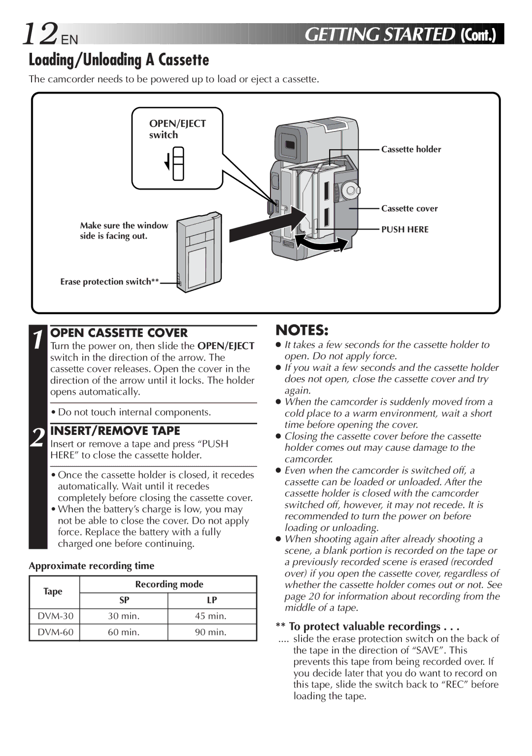 JVC GR DV 3 Loading/Unloading a Cassette, Open Cassette Cover, INSERT/REMOVE Tape, To protect valuable recordings 