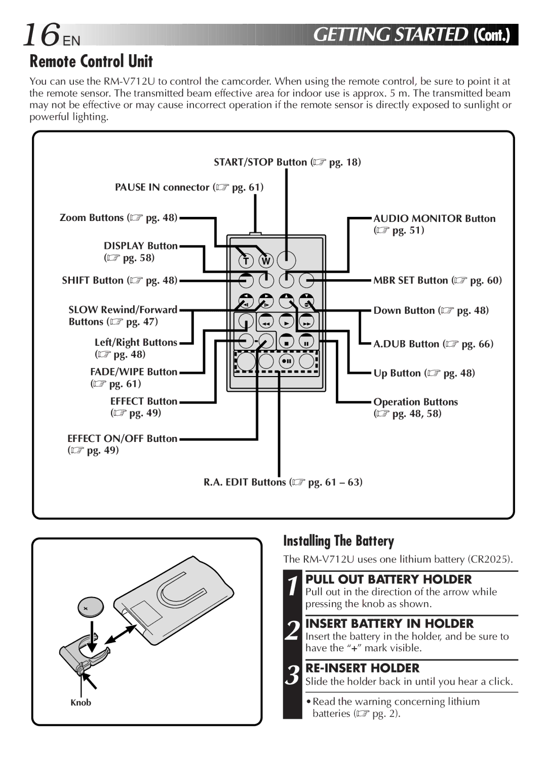 JVC GR DV 3 specifications Remote Control Unit, Installing The Battery, Pull OUT Battery Holder, Insert Battery in Holder 