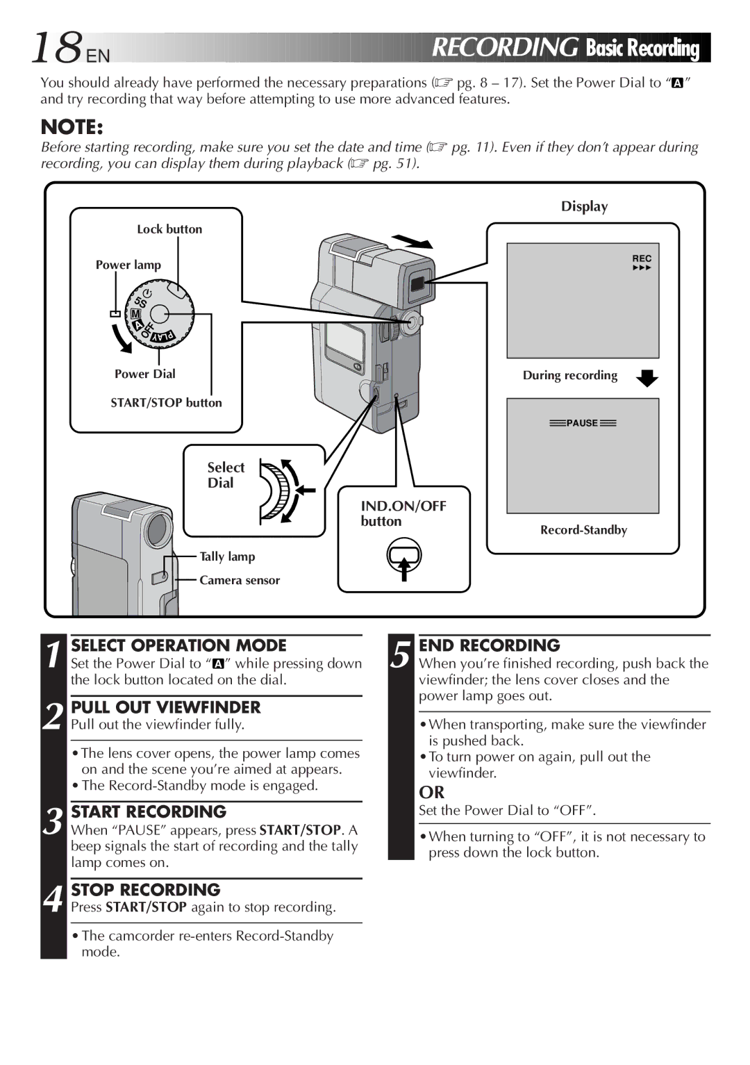 JVC GR DV 3 specifications Start Recording, Stop Recording, END Recording, Select Dial IND.ON/OFF button 