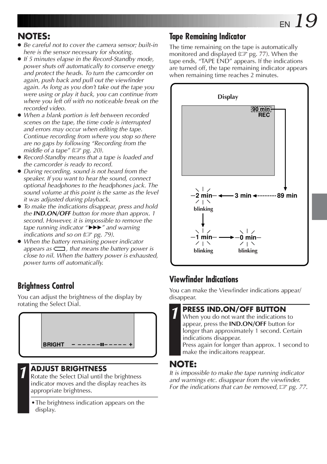 JVC GR DV 3 specifications Tape Remaining Indicator, Brightness Control, Viewfinder Indications, Adjust Brightness 