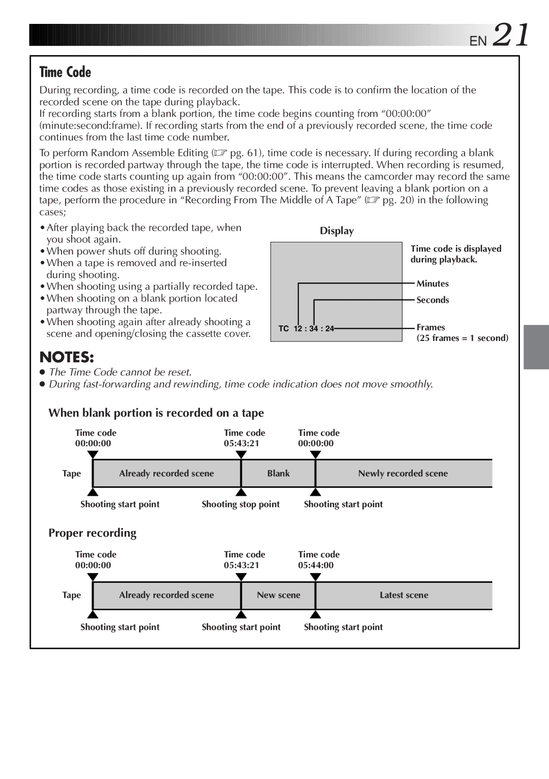 JVC GR DV 3 specifications Time Code, When blank portion is recorded on a tape, Proper recording 