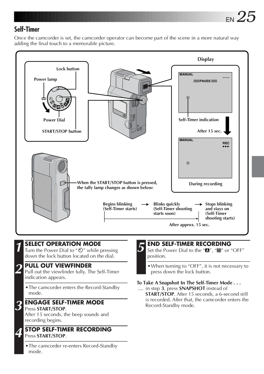 JVC GR DV 3 specifications Self-Timer, Engage SELF-TIMER Mode, Stop SELF-TIMER Recording, END SELF-TIMER Recording 