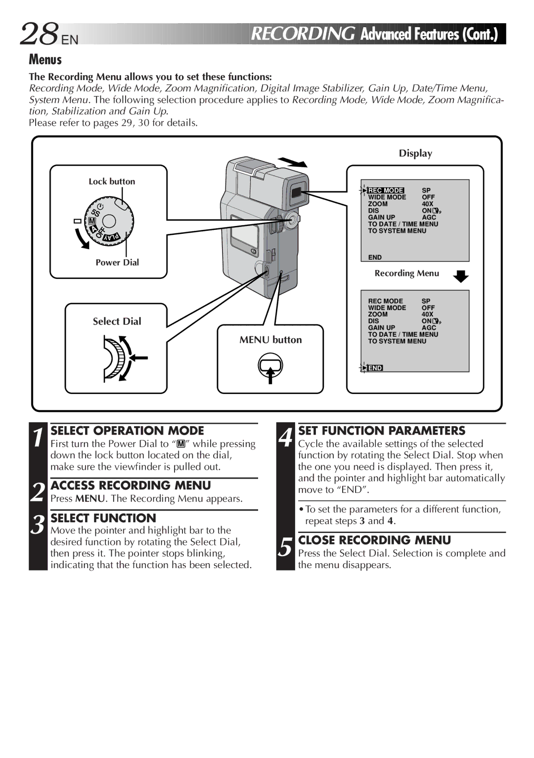 JVC GR DV 3 specifications Menus, Close Recording Menu, Recording Menu allows you to set these functions 