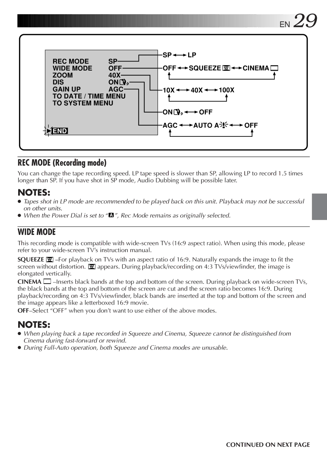 JVC GR DV 3 specifications REC Mode Recording mode, Wide Mode 