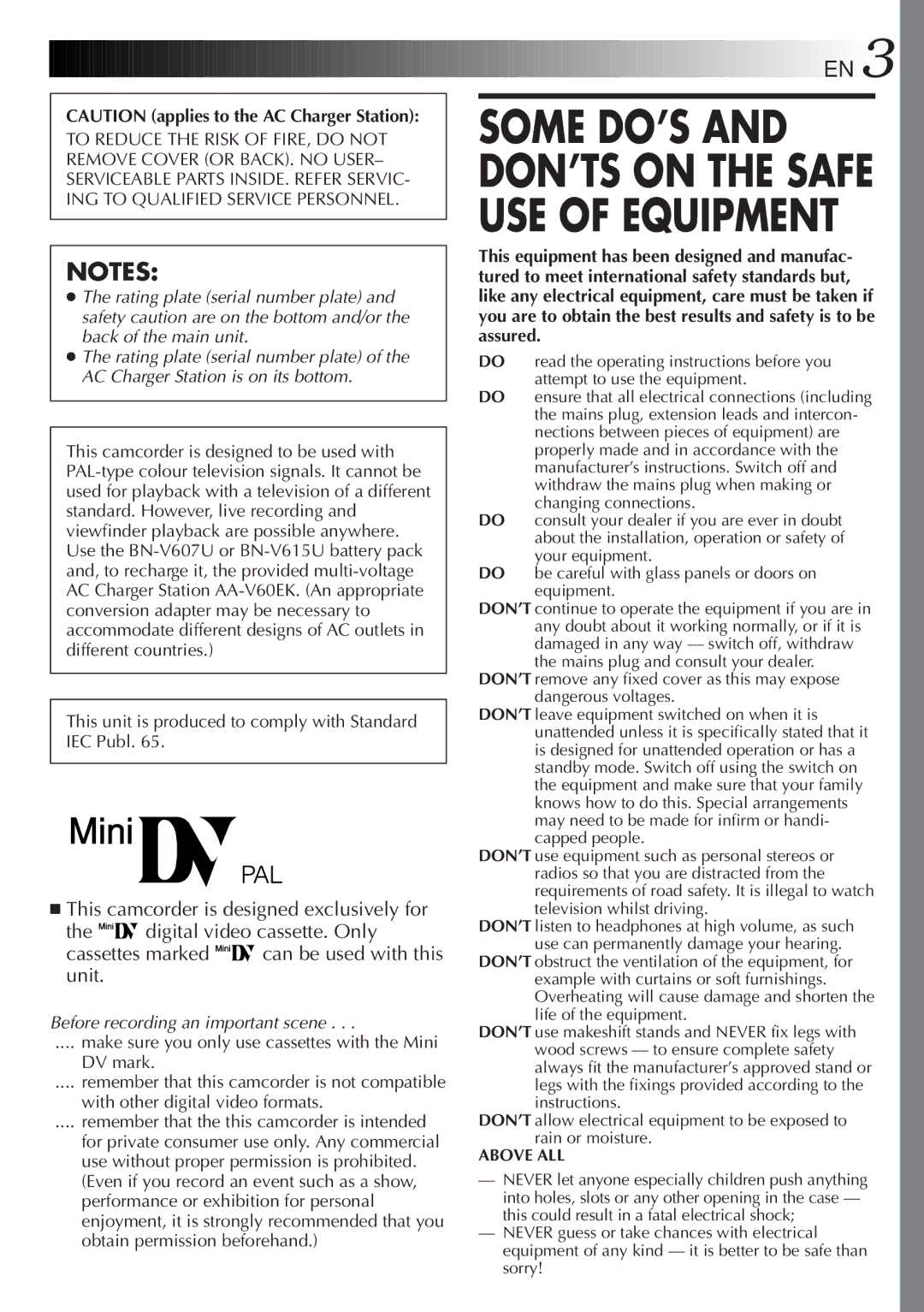 JVC GR DV 3 specifications Some DO’S and DON’TS on the Safe USE of Equipment 