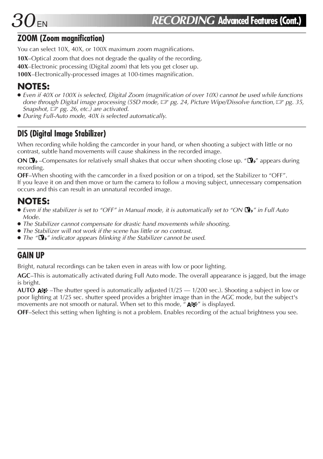 JVC GR DV 3 specifications Zoom Zoom magnification, DIS Digital Image Stabilizer 