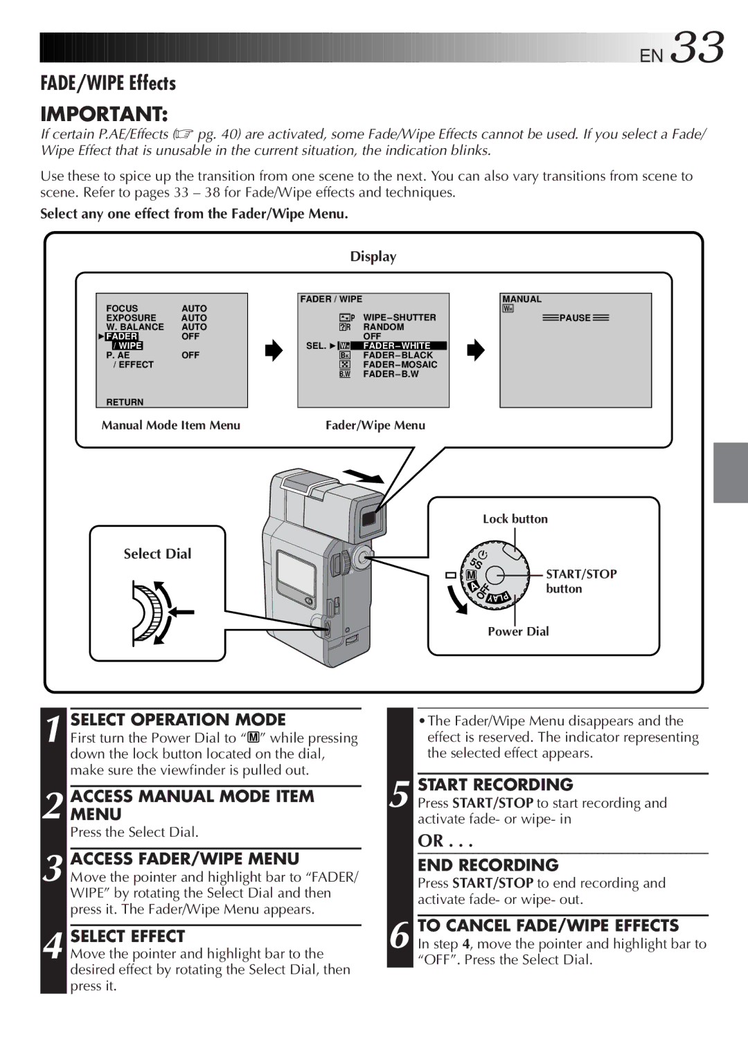 JVC GR DV 3 specifications FADE/WIPE Effects, Accessmenu Manual Mode Item, Access FADER/WIPE Menu, Select Effect 