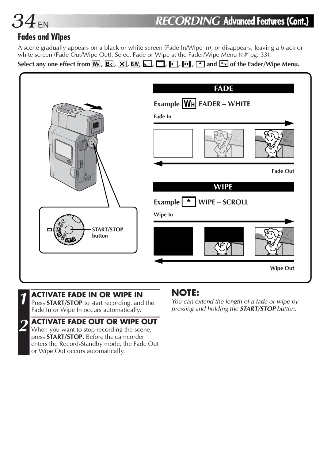 JVC GR DV 3 specifications Fades and Wipes, Example WH Fader White, Example Wipe Scroll, Wh , Bk , , B W 