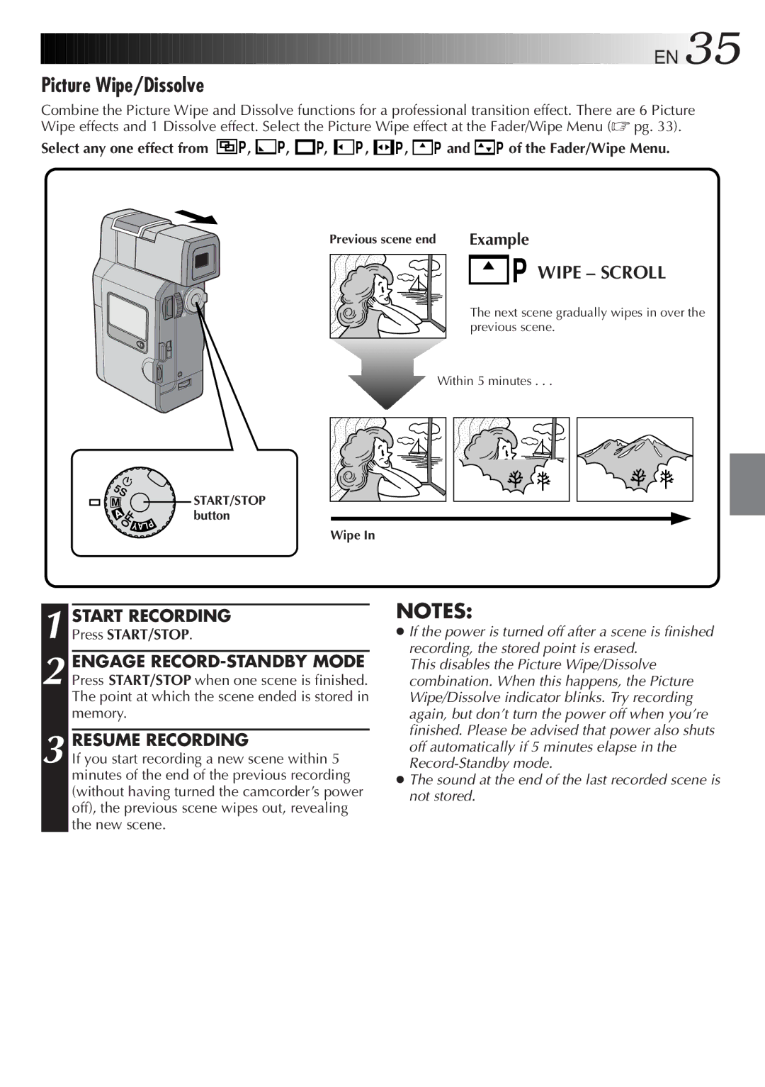 JVC GR DV 3 specifications Picture Wipe/Dissolve, Resume Recording, P and P of the Fader/Wipe Menu 