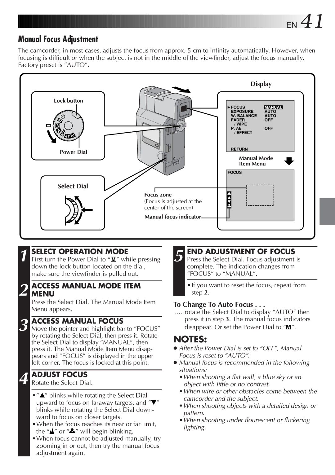 JVC GR DV 3 Manual Focus Adjustment, Access Manual Focus, Adjust Focus, To Change To Auto Focus, Select Dial Display 