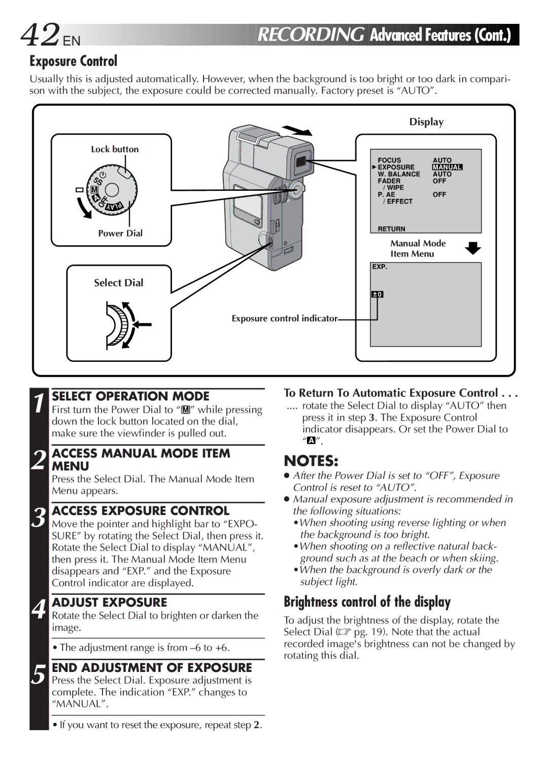 JVC GR DV 3 specifications Brightness control of the display, Adjust Exposure, To Return To Automatic Exposure Control 