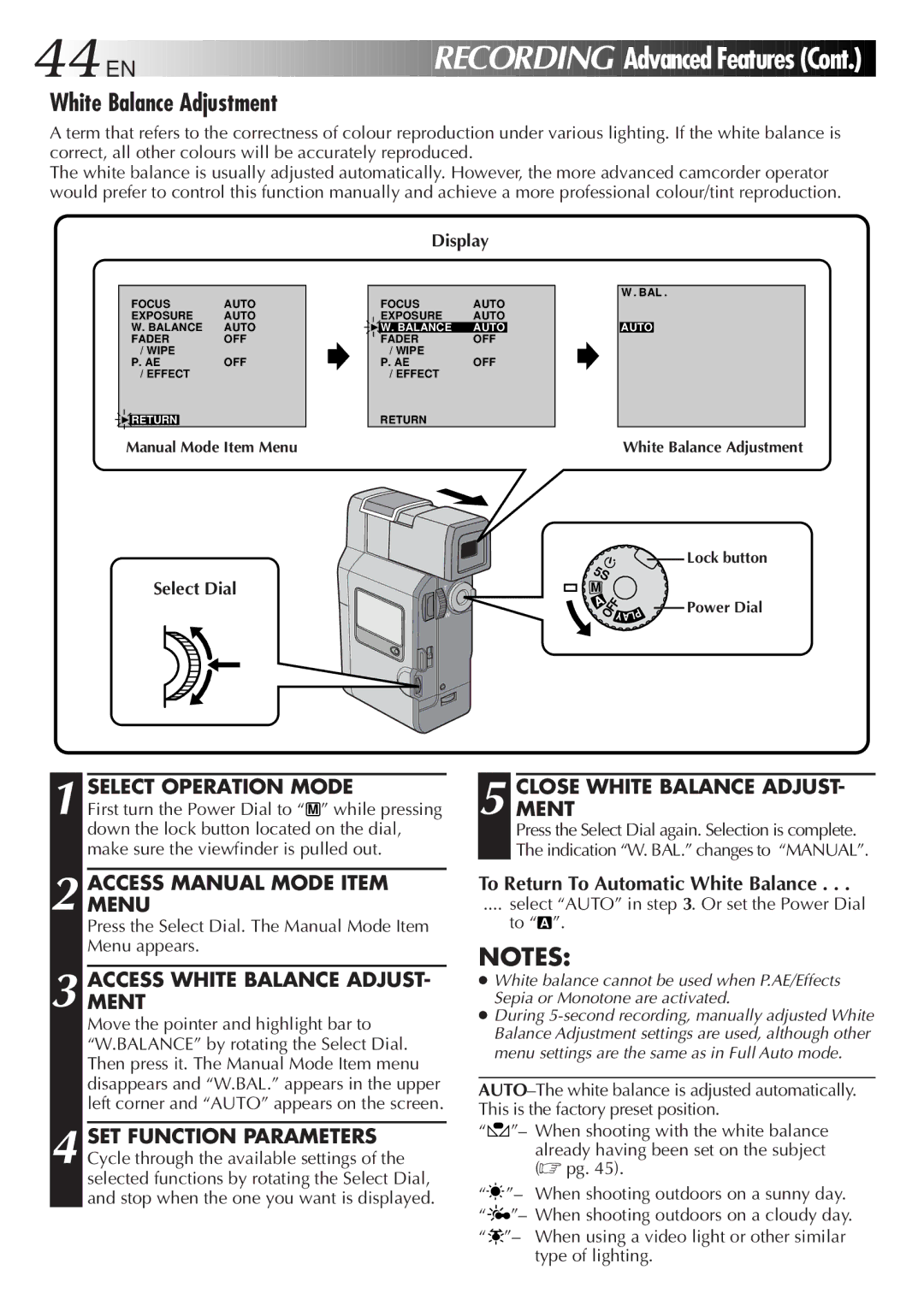 JVC GR DV 3 specifications White Balance Adjustment, Accessment White Balance Adjust, Closement White Balance Adjust 