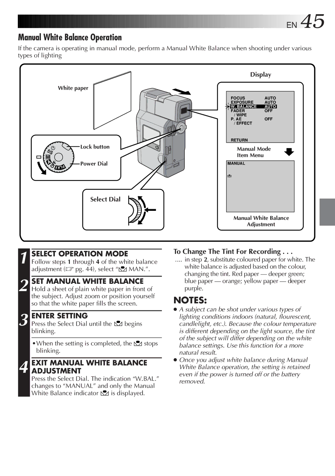 JVC GR DV 3 specifications Manual White Balance Operation, Enter Setting, Exit Manual White Balance Adjustment 