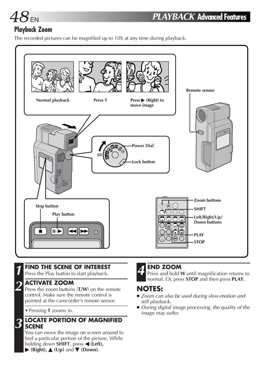 JVC GR DV 3 specifications Playback Zoom, Activate Zoom, Locatescene Portion of Magnified, END Zoom, Right, Up and ˜ Down 