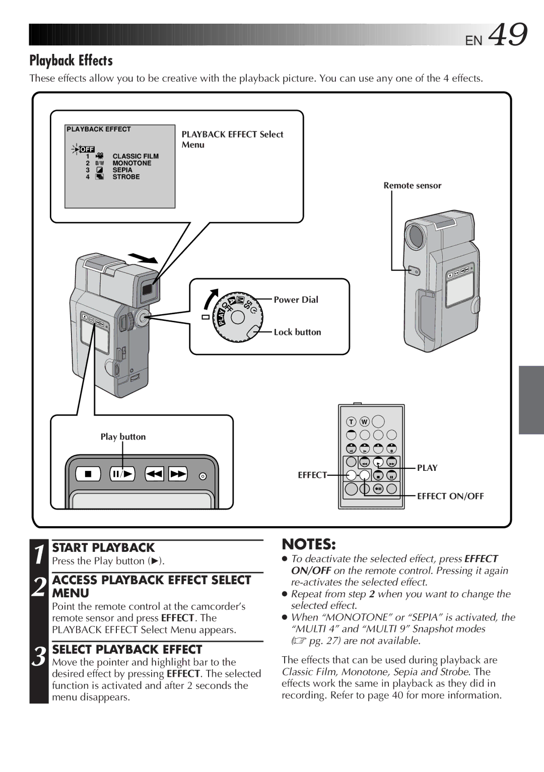 JVC GR DV 3 specifications Playback Effects, Accessmenu Playback Effect Select 