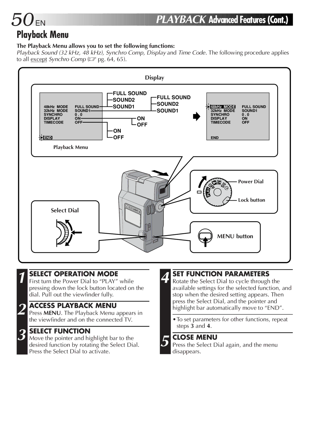 JVC GR DV 3 specifications Access Playback Menu, Close Menu, Playback Menu allows you to set the following functions 