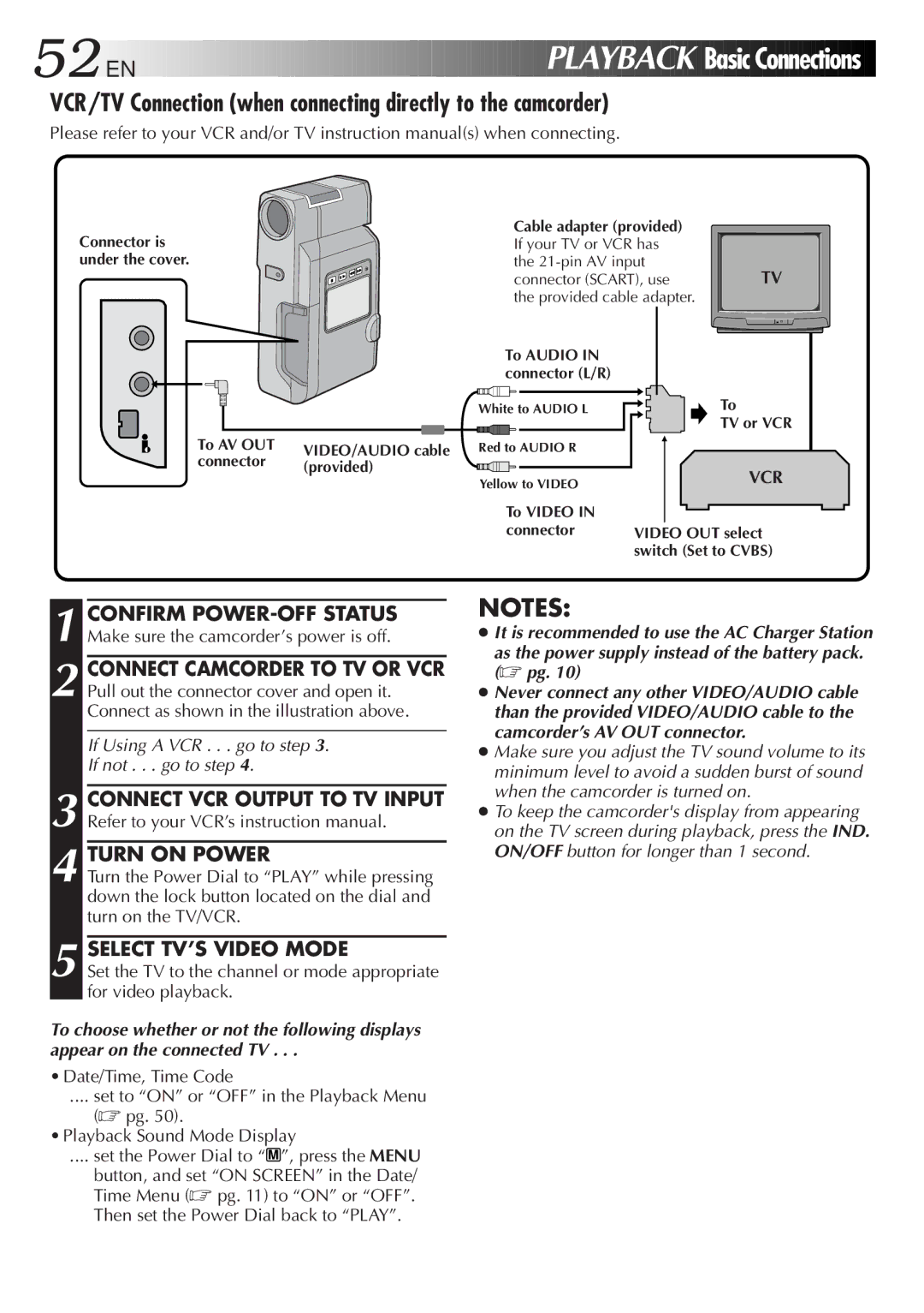 JVC GR DV 3 VCR/TV Connection when connecting directly to the camcorder, Turn on Power, Select TV’S Video Mode 