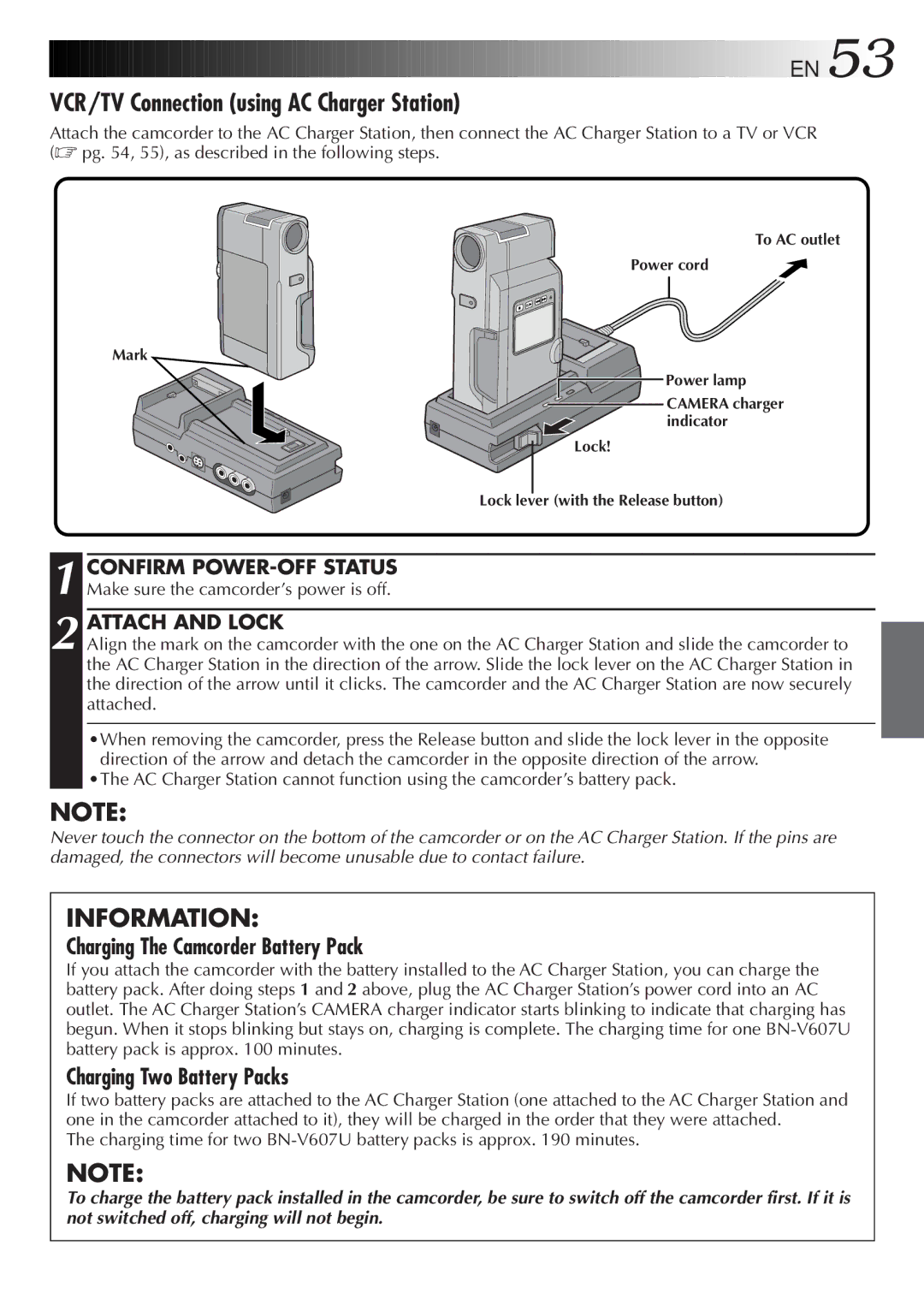 JVC GR DV 3 specifications VCR/TV Connection using AC Charger Station, Confirm POWER-OFF Status, Attach and Lock 