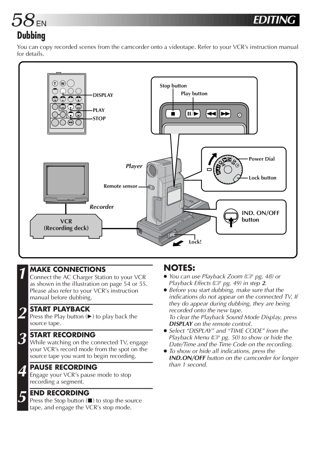 JVC GR DV 3 specifications Dubbing, Make Connections Start Playback, Pause Recording, Recording deck, IND. ON/OFF button 