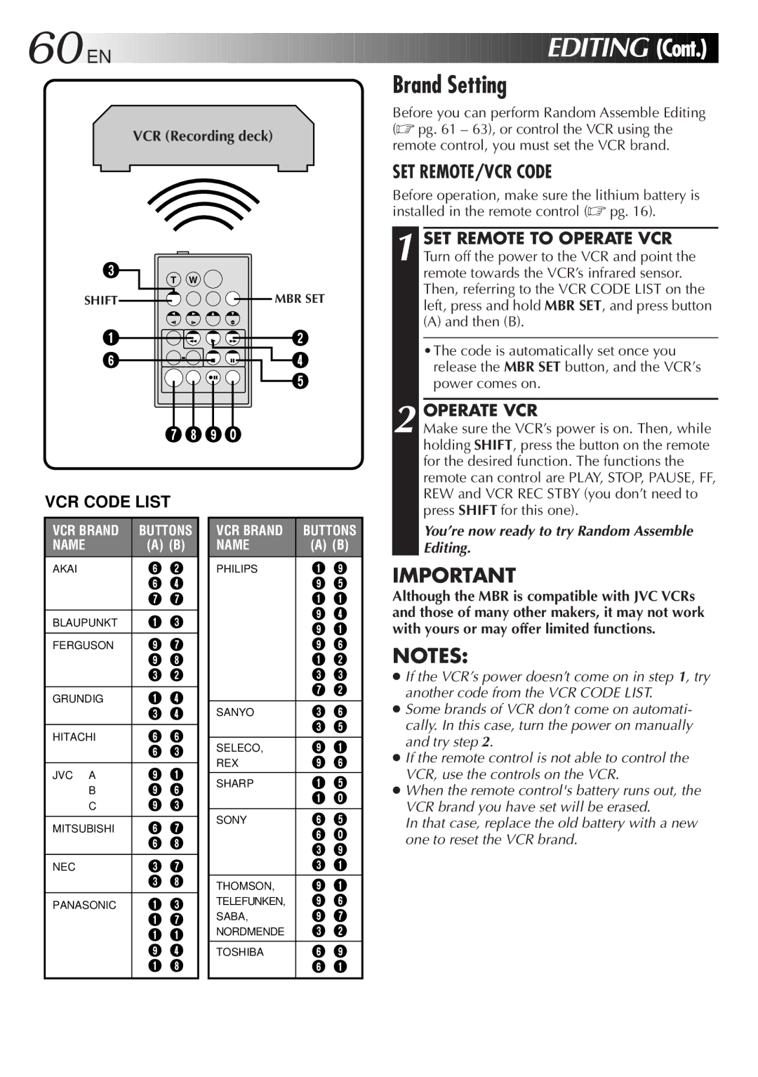 JVC GR DV 3 specifications Brand Setting, Operate VCR 