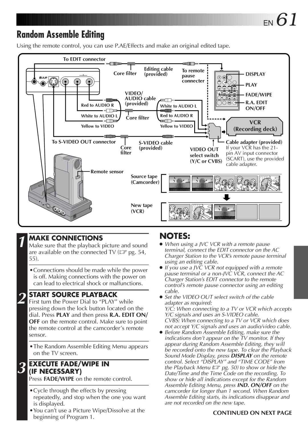 JVC GR DV 3 specifications Random Assemble Editing, Execute FADE/WIPE in if Necessary 