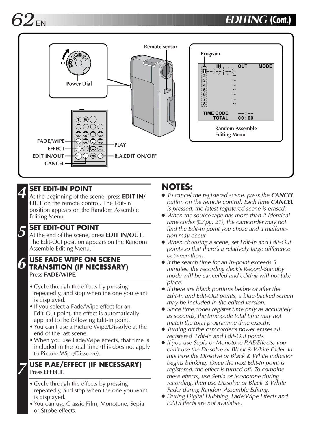 JVC GR DV 3 specifications USE Fade Wipe on Scene Transition if Necessary, USE P.AE/EFFECT if Necessary, Press FADE/WIPE 