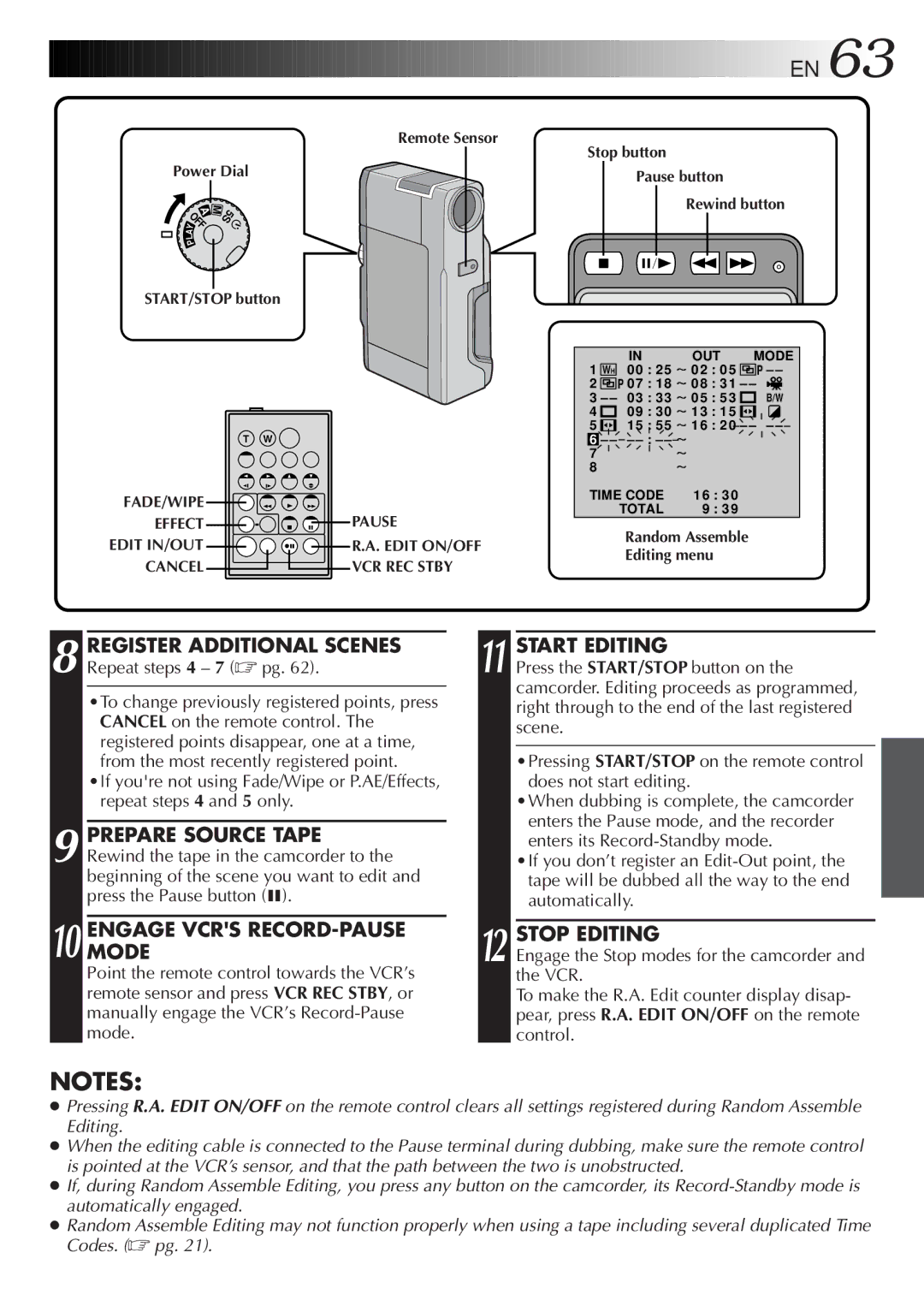 JVC GR DV 3 specifications Engagemode Vcrs RECORD-PAUSE, Start Editing, Stop Editing 