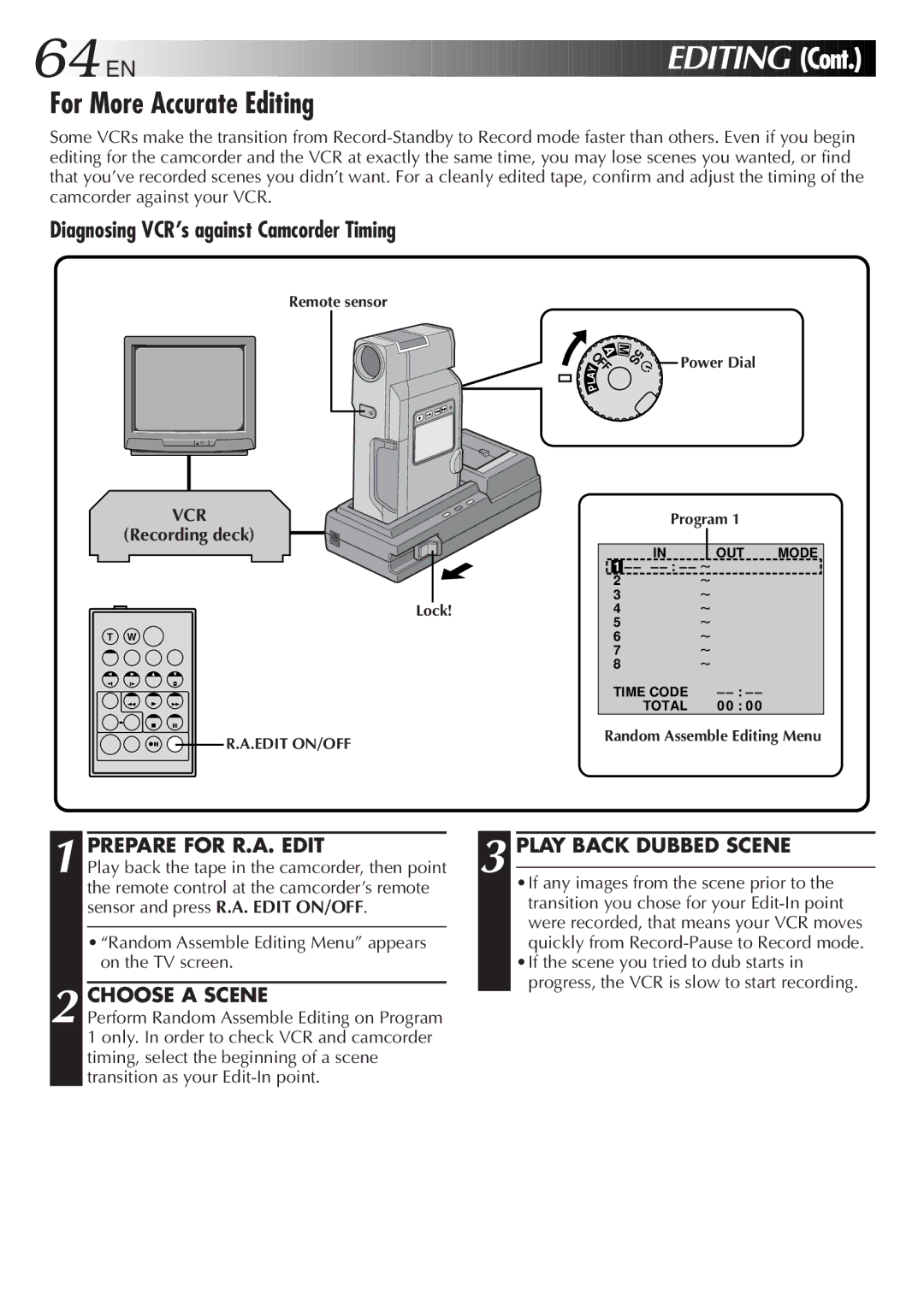 JVC GR DV 3 specifications For More Accurate Editing, Prepare for R.A. Edit Play Back Dubbed Scene, Choose a Scene 